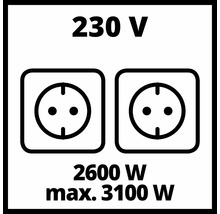 Symbolbild für zwei Steckdosen mit 230 Volt Spannung und einer Leistung von 2600 Watt bis maximal 3100 Watt.