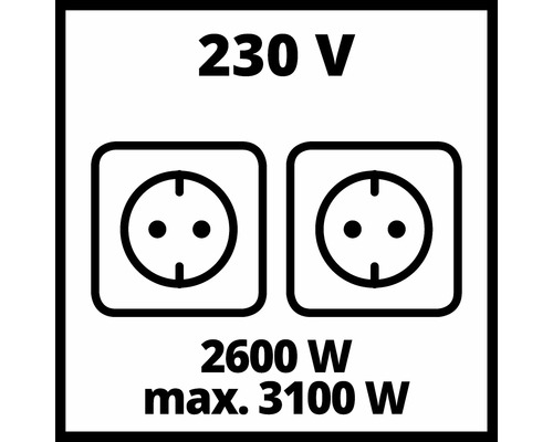 Symbolbild für zwei Steckdosen mit 230 Volt Spannung und einer Leistung von 2600 Watt bis maximal 3100 Watt.