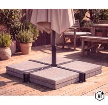 Kreuzständer für Sonnenschirme mit Betonplatten auf einer Holzterrasse. (Image AI modified or generated)
