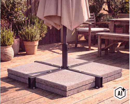 Kreuzständer für Sonnenschirme mit Betonplatten auf einer Holzterrasse. (Image AI modified or generated)