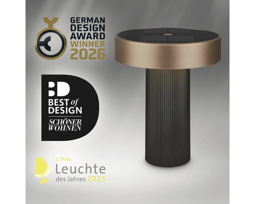 Moderne runde LED-Tischleuchte mit geriffeltem Säulenfuß, ausgezeichnet mit Designpreisen.