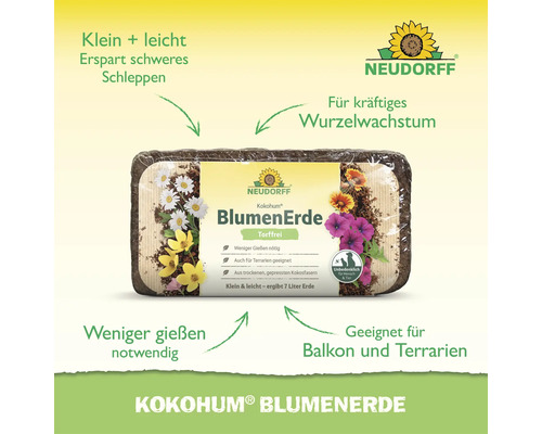 Neudorff Kokohum torffreie Blumenerde als gepresster Kokosfaser Ziegel für sieben Liter Erde geeignet für Balkon und Terrarien.