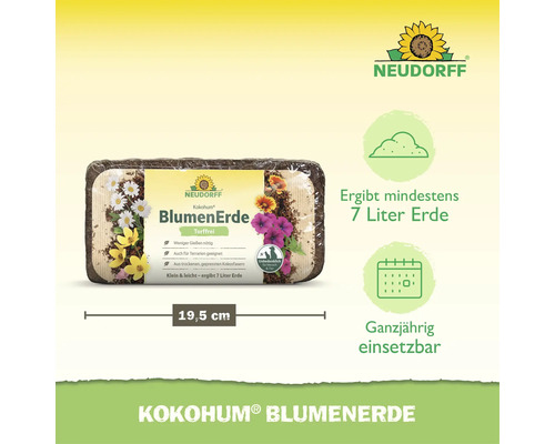 Neudorff Kokohum BlumenErde, torffreier Kokosfaser-Block, ergibt mindestens sieben Liter Erde, für ganzjährigen Einsatz geeignet.
