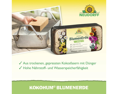 Neudorff Kokohum Blumenerde in gepresster Blockform aus Kokosfasern, torffrei und leicht, ergibt sieben Liter Pflanzenerde.