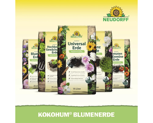 Neudorff Pflanzenerde Sortiment in verschiedenen Verpackungsgrößen für unterschiedliche Gartenanwendungen und Pflanzenarten.