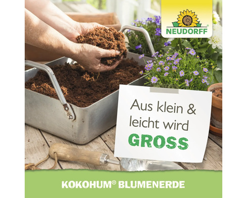 Neudorff Kokohum Blumenerde in einer Pflanzschale mit Blumen und Neudorff Logo