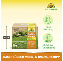 Neudorff Rasendünger mit Moos- und Unkrautstopp in einer 5 Kilogramm Packung mit einer Höhe von 22 Zentimetern und feiner Körnung.
