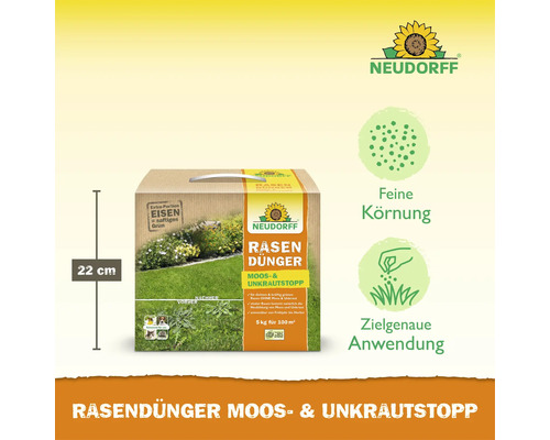 Neudorff Rasendünger mit Moos- und Unkrautstopp in einer 5 Kilogramm Packung mit einer Höhe von 22 Zentimetern und feiner Körnung.
