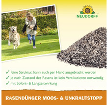 Neudorff Rasendünger Moos- und Unkrautstopp mit Sofort- und Langzeitwirkung zur Anwendung auf dem Rasen für ein gesundes Wachstum.