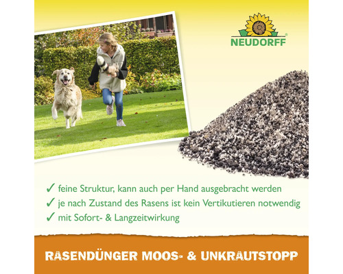 Neudorff Rasendünger Moos- und Unkrautstopp mit Sofort- und Langzeitwirkung zur Anwendung auf dem Rasen für ein gesundes Wachstum.