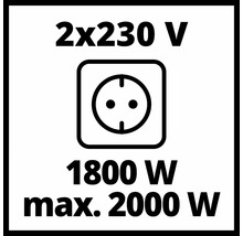 Symbol für zwei Steckdosen mit 230 Volt Spannung, 1800 Watt Nennleistung und 2000 Watt maximaler Leistung.