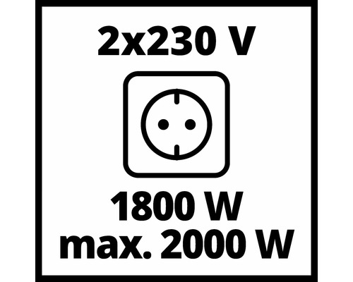Symbol für zwei Steckdosen mit 230 Volt Spannung, 1800 Watt Nennleistung und 2000 Watt maximaler Leistung.
