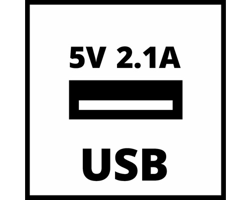 Symbol für USB Anschluss mit 5 Volt und 2,1 Ampere Ausgangsleistung