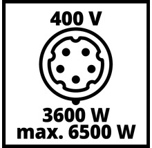 Symbol fuer Drehstromanschluss mit 400 Volt, 3600 Watt Nennleistung und 6500 Watt maximaler Leistung.