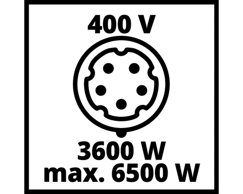 Symbol fuer Drehstromanschluss mit 400 Volt, 3600 Watt Nennleistung und 6500 Watt maximaler Leistung.