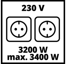 Symbol für zwei Steckdosen mit 230 Volt Spannung und einer Leistung von 3200 Watt beziehungsweise maximal 3400 Watt