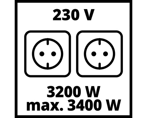 Symbol für zwei Steckdosen mit 230 Volt Spannung und einer Leistung von 3200 Watt beziehungsweise maximal 3400 Watt