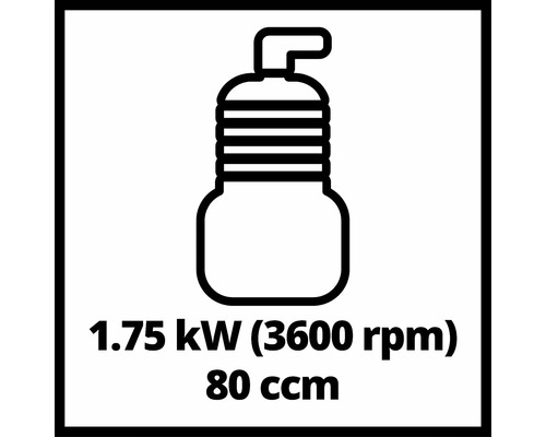 Symbolbild eines Verbrennungsmotors mit 1,75 Kilowatt Leistung bei 3600 Umdrehungen pro Minute und einem Hubraum von 80 Kubikzentimetern.