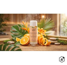 Weka Sauna Aufguss Konzentrat Exotica Orange in einer 250 Milliliter Flasche dekoriert mit Orangen und tropischen Pflanzen. (Image AI modified or generated)