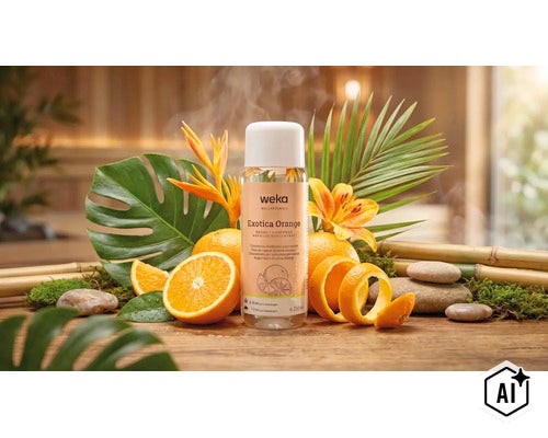 Weka Sauna Aufguss Konzentrat Exotica Orange in einer 250 Milliliter Flasche dekoriert mit Orangen und tropischen Pflanzen. (Image AI modified or generated)