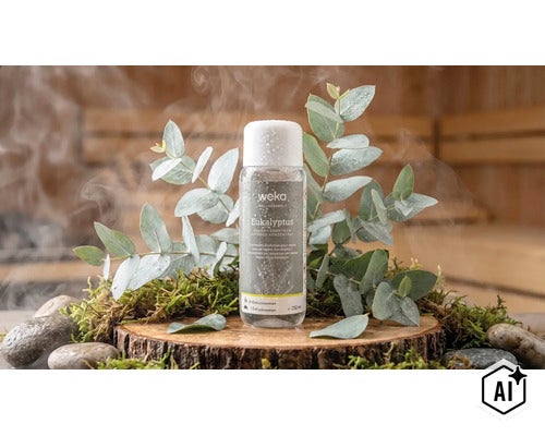 Weka Sauna Aufguss Konzentrat Eukalyptus in 250 Milliliter Flasche mit Eukalyptuszweigen auf einer Baumscheibe in der Sauna (Image AI modified or generated)
