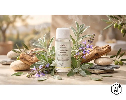 Weka Sauna Aufguss Konzentrat Spanischer Salbei in einer 250 Milliliter Flasche dekoriert mit Salbeiblättern, Blüten, Holz und Steinen. (Image AI modified or generated)