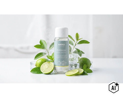 Weka Eislimone Sauna Aufguss Konzentrat in einer 250 Milliliter Flasche dekoriert mit Limetten und Eiswürfeln. (Image AI modified or generated)