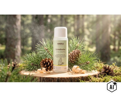 Weka Sauna Aufguss Konzentrat Zirbelkiefer 250 Milliliter in einer Flasche auf einem Baumstamm mit Tannenzweigen und Zapfen im Wald. (Image AI modified or generated)