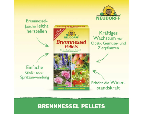 Neudorff Brennnessel Pellets zur Herstellung von Brennnesseljauche für kräftiges Wachstum von Pflanzen, geeignet für ökologischen Landbau.