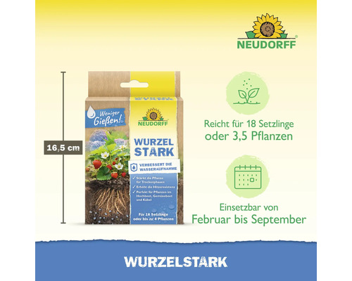 Neudorff Wurzelstark Packung zur Stärkung der Wasseraufnahme von Pflanzen mit Maßangabe 16,5 Zentimeter und Anwendungshinweisen.
