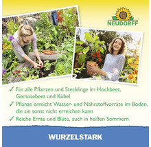 Neudorff Wurzeltark Dünger mit Anwendungsbeispielen im Hochbeet und mit Topfpflanzen für gesundes Pflanzenwachstum.