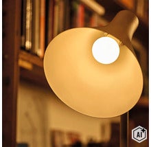 Moderne Schreibtischlampe mit LED Leuchtmittel und breitem Lampenschirm für eine direkte Beleuchtung am Arbeitsplatz (Image AI modified or generated)