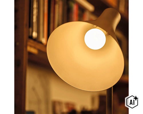 Moderne Schreibtischlampe mit LED Leuchtmittel und breitem Lampenschirm für eine direkte Beleuchtung am Arbeitsplatz (Image AI modified or generated)
