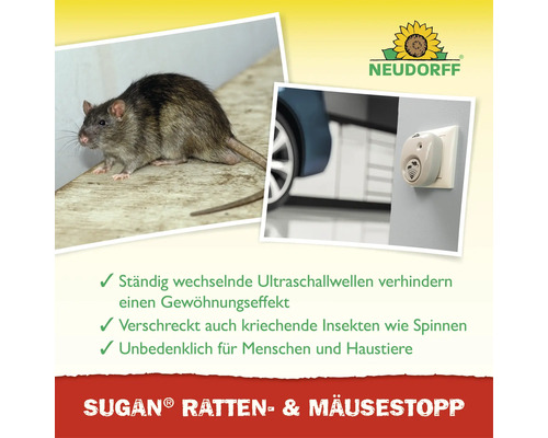 Neudorff Sugan Ratten- und Mäusestopp Ultraschallgerät gegen Nagetiere und Insekten für die Steckdose mit wechselnden Ultraschallwellen.