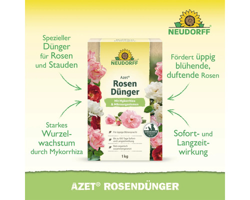Neudorff Azet Rosendünger Packung 1 kg mit Mykorrhiza und Mikroorganismen für kräftige Pflanzen und reiche Blüte.