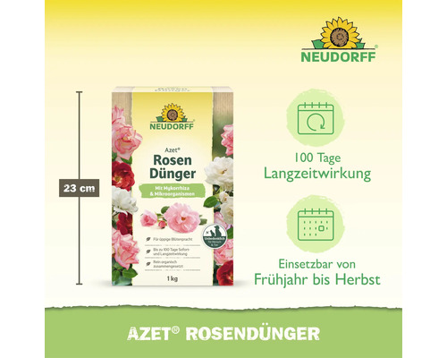 Neudorff Azet Rosendünger, organischer Langzeitdünger mit Mykorrhiza und Mikroorganismen für Rosen, 1 kg Packung mit 100 Tage Langzeitwirkung.
