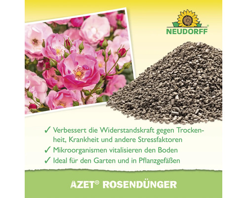Neudorff Azet Rosendünger in Granulatform mit Anwendungshinweisen und Rosenblüten im Hintergrund