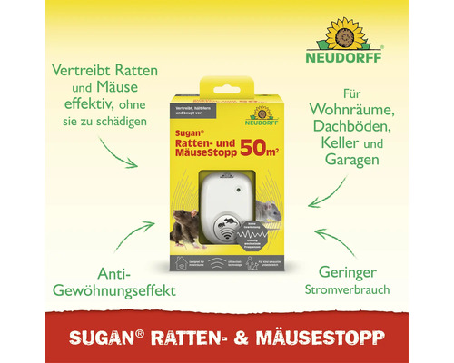Neudorff Sugan Ratten- und Mäusestopp Ultraschallgerät zur wirksamen Vertreibung von Nagern in Wohnräumen, Kellern, Dachböden und Garagen.