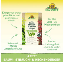 Neudorff Azet Baum Strauch und Heckendünger Packung mit Erläuterungen zu Inhaltsstoffen und Wirkung sowie Neudorff Logo.