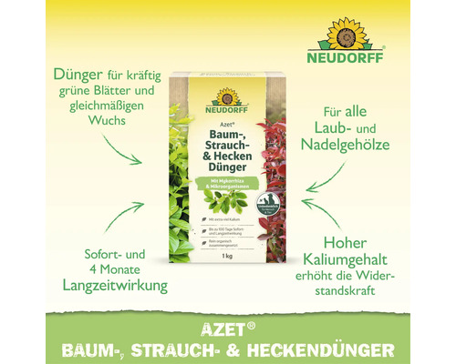 Neudorff Azet Baum Strauch und Heckendünger Packung mit Erläuterungen zu Inhaltsstoffen und Wirkung sowie Neudorff Logo.