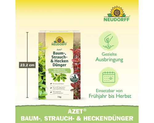 Neudorff Azet Baum-, Strauch- & Heckendünger 1 kg organische Düngung mit Mykorrhiza und Mikroorganismen für gesunde Pflanzen von Frühjahr bis Herbst