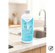 Rakkuun Rohrreiniger Gel für Küche und Bad in einer Flasche auf einer Küchenarbeitsplatte vor einer Spüle. (Image AI modified or generated)