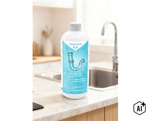 Rakkuun Rohrreiniger Gel für Küche und Bad in einer Flasche auf einer Küchenarbeitsplatte vor einer Spüle. (Image AI modified or generated)