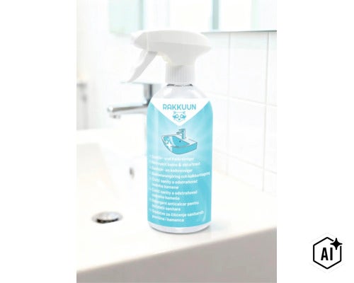 Rakkuun Sanitär- und Kalkreiniger Sprühflasche zur Reinigung von Badezimmeroberflächen. (Image AI modified or generated)