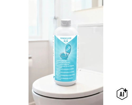 Rakkuun Urinsteinentferner in einer Flasche auf einem WC Sitz platziert zur Entfernung von hartnäckigen Ablagerungen im Badezimmer. (Image AI modified or generated)