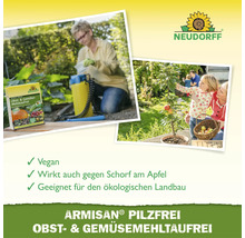 Neudorff Armisan Pilzfrei Obst- und Gemüsemehltaufrei gegen Pilzkrankheiten wie Mehltau und Schorf, inklusive Anwendungsszenen im Garten.