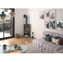 Moderner Kaminofen mit Holzfeuer in einem hellen, stilvoll eingerichteten Wohnzimmer mit Sofa, Kaminbesteck und dekorativen Wandbildern.