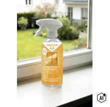 Rakkuun Glasreiniger in der Sprühflasche auf einem Fensterbrett (Image AI modified or generated)