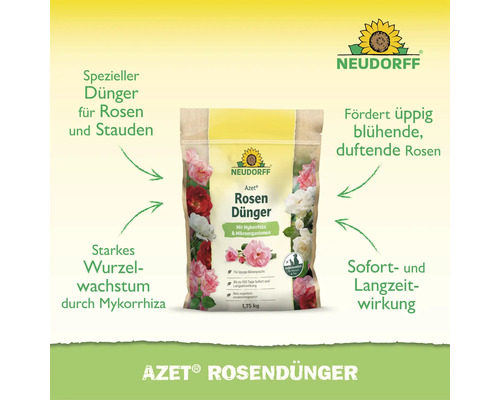 Neudorff Azet Rosendünger Packung mit 1,75 Kilogramm Inhalt zur Förderung von Rosen und Stauden mit Mykorrhiza und Mikroorganismen.