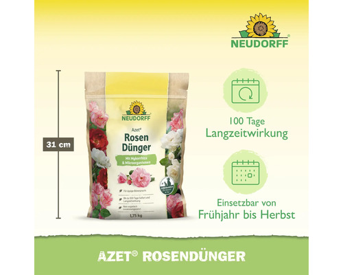 Neudorff Azet Rosendünger 1,75 kg mit 100 Tage Langzeitwirkung, Mykorrhiza und Mikroorganismen für üppige Blütenpracht von Frühjahr bis Herbst.
